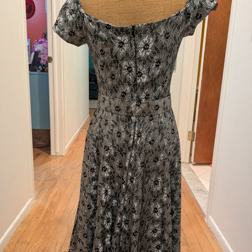British Retro Black And Silver Lace Stretch Circle Skirt Cocktail Evening Dress - Picture 4 of 7